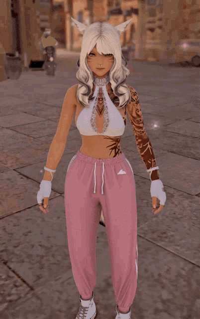 a girl with white hair and pink pants is wearing boxing gloves and a white top