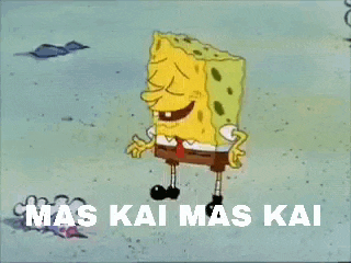 a cartoon of spongebob laughing with the words mas kai mas kai written below him