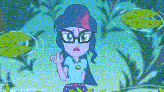 a cartoon girl wearing glasses is standing in a pond surrounded by water lilies .
