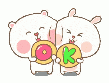 two cartoon bears are holding a doughnut and a sign that says ok .