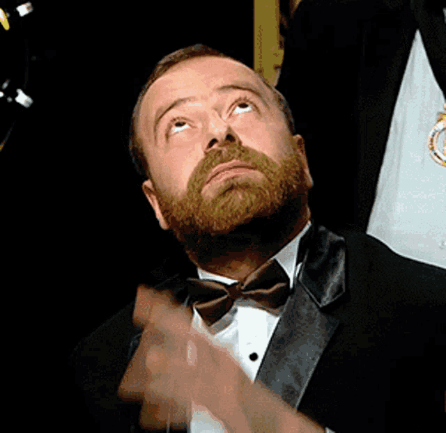 a man with a beard is wearing a tuxedo and tie and looking up