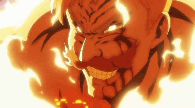 a close up of a cartoon character 's face with flames coming out of it
