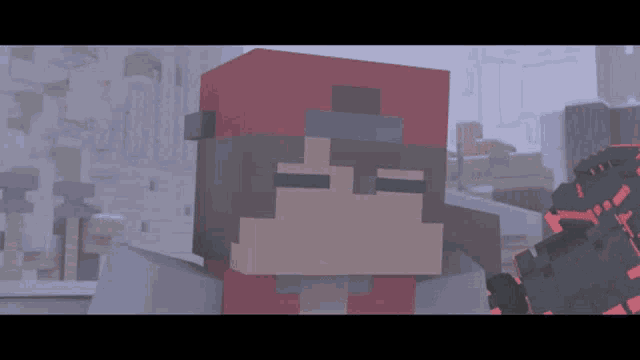 a close up of a minecraft character 's face with a red hat