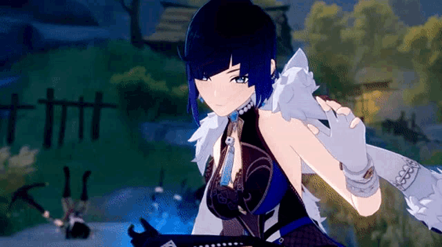 a girl with blue hair and white gloves is holding a sword in a video game
