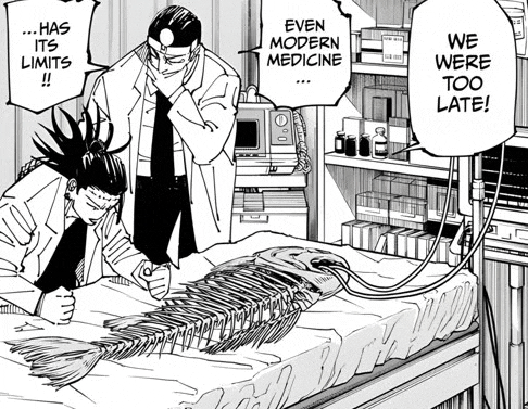 two doctors are looking at a fish skeleton in a hospital bed and one of them says " even modern medicine "