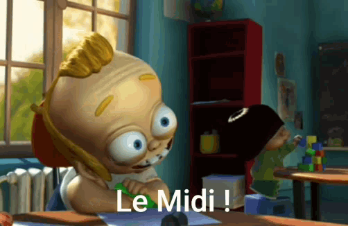 a cartoon character is sitting at a desk with the words le midi written on it