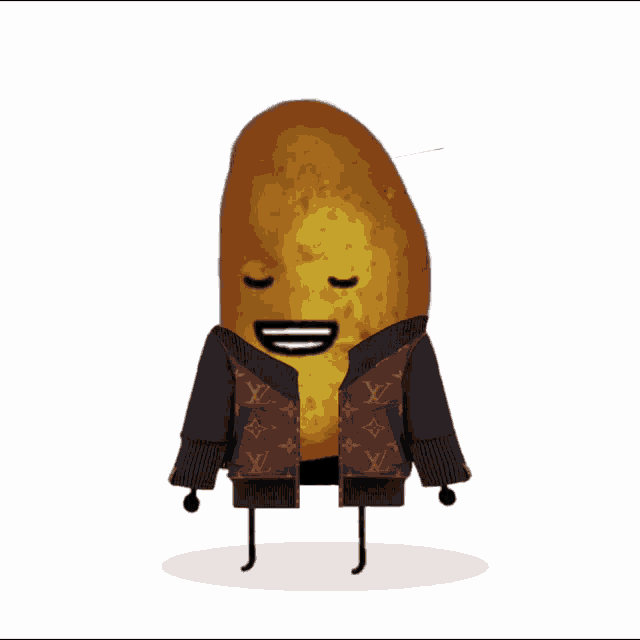 a potato wearing a louis vuitton jacket with a smiley face