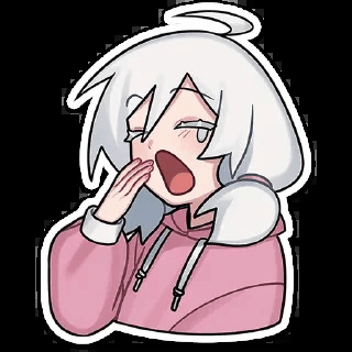 a sticker of a girl with white hair and a pink hoodie yawning .