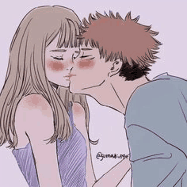 a boy is kissing a girl on the cheek in a drawing .