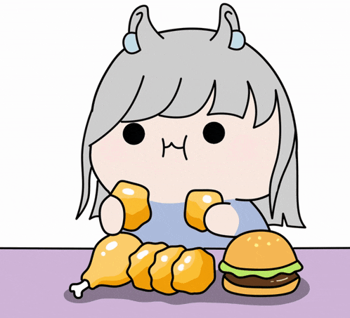 a cartoon drawing of a girl eating chicken nuggets and a hamburger
