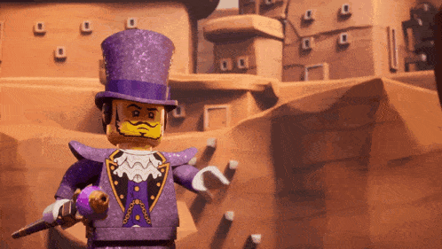 a lego character wearing a top hat and holding a stick