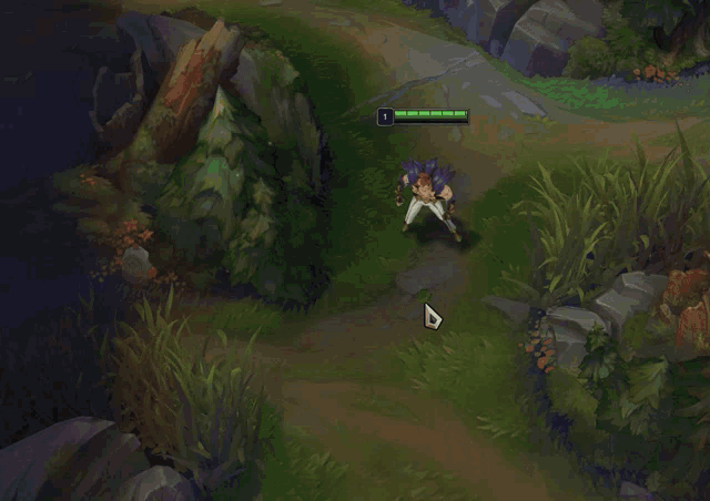 a video game character is standing in a grassy area with a green circle around her and the number 1 in the upper right corner