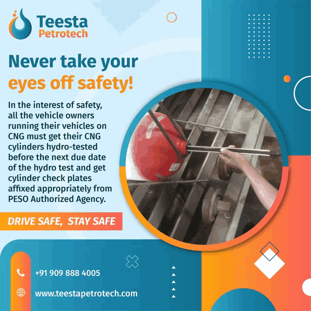an advertisement for teesta petrotech shows a person holding a red cylinder