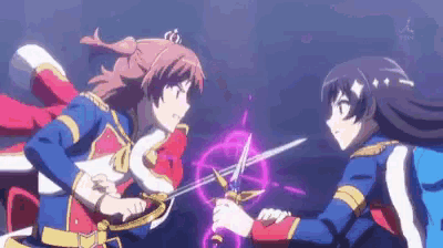 two anime characters are fighting with swords in a dark room