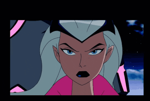 a close up of a cartoon character with gray hair and blue eyes