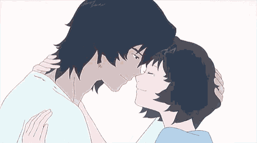 a cartoon of a man and woman kissing