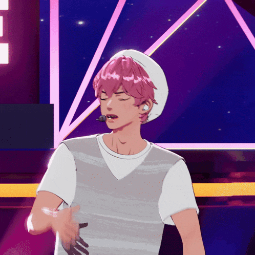 a man with pink hair wearing a white hat and a white shirt