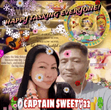 a picture of a man and a woman with flowers on their faces with the caption happy asking everyone