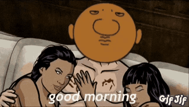 a cartoon of a man laying on a couch with two women and says good morning