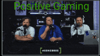 three men are sitting in front of microphones and the words positive gaming are on the bottom