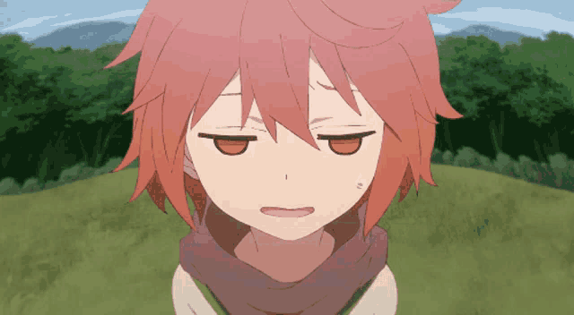 a cartoon character with red hair is standing in a field with his eyes closed