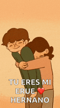 a cartoon of a man and woman hugging with the words tu eres mi eru hermano