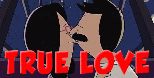 a cartoon of a man and woman kissing with the words true love in red letters