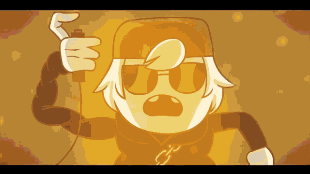a cartoon character wearing sunglasses and a hat holds a microphone