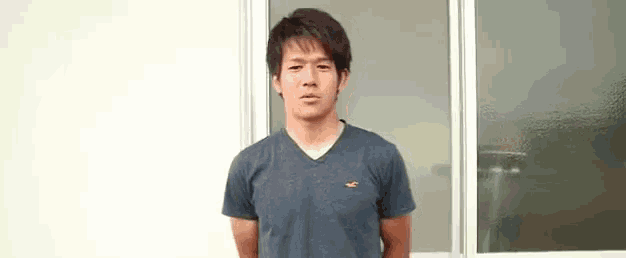 a young man in a blue t-shirt is standing in front of a glass door .