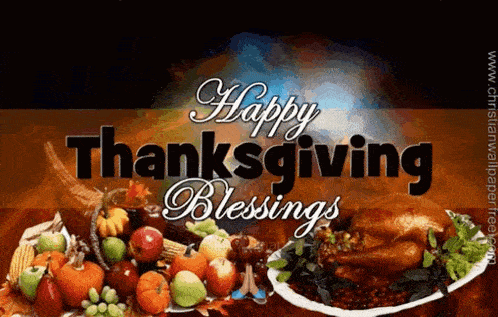 a happy thanksgiving greeting card with a turkey and fruit