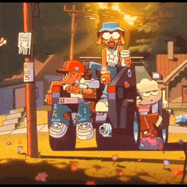a group of cartoon characters are sitting on top of a jeep with a sign that says big 3 on it