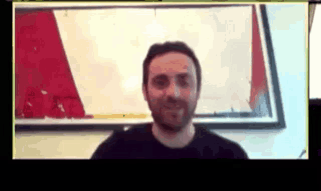 a man with a beard is smiling in front of a framed picture on the wall .