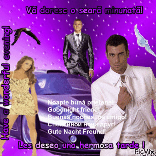 a purple background with a man in a suit and tie