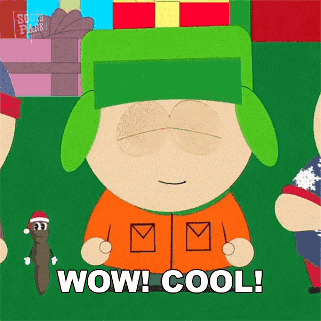 a cartoon character from south park says wow cool in front of a pile of presents