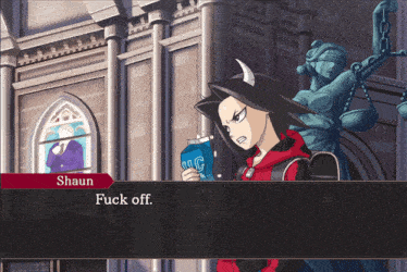 a video game character says " fuck off " while holding a milk carton