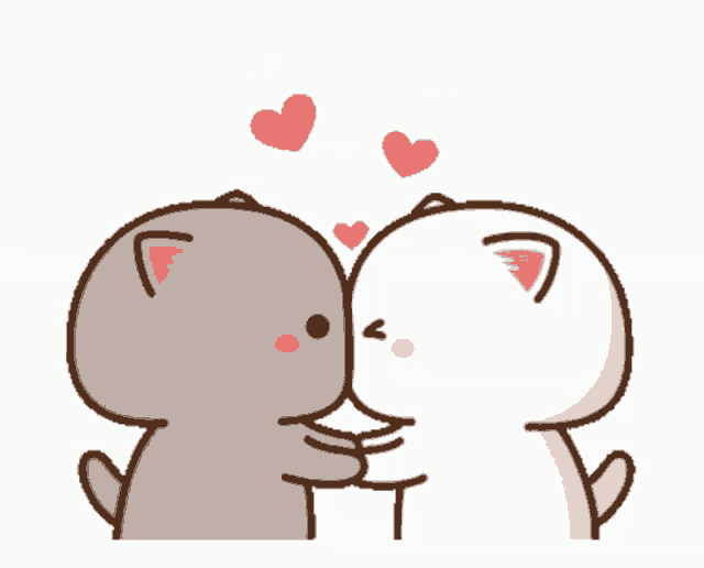 two cartoon cats are kissing each other with hearts flying around them