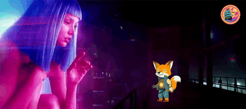a cartoon fox is standing next to a naked woman in a futuristic scene .