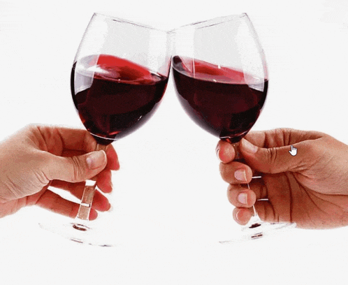 two people toasting with wine glasses with a arrow pointing to the right