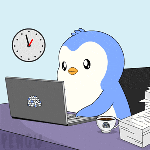 a cartoon of a penguin sitting at a desk with a laptop and a cup of coffee