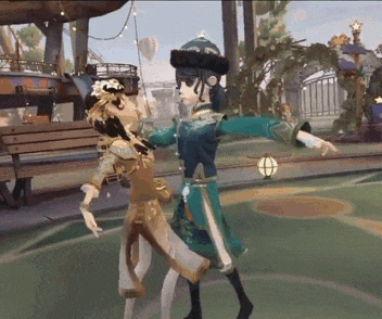 two cartoon characters are dancing in a park with a bench in the background