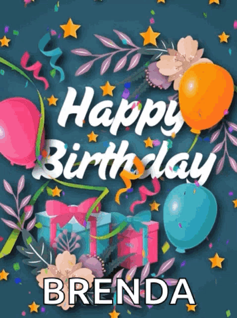 a colorful birthday card for brenda with balloons and presents