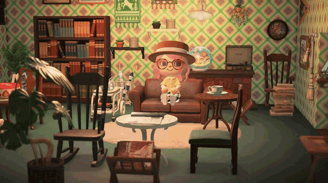 a cartoon character is sitting on a couch in a living room with a record player that says ' blanc ' on it