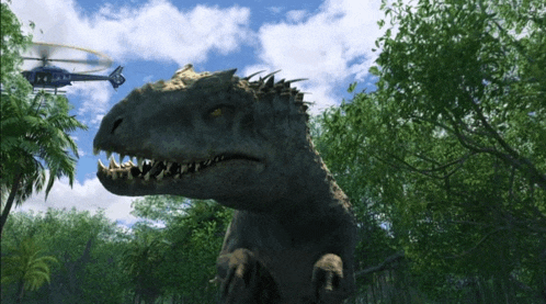 a helicopter is flying over a dinosaur 's head in the jungle