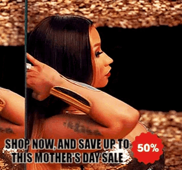 a woman is standing in front of a sign that says shop now and save up to 50 % on mother 's day sale