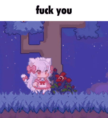 a pixel art of a cat and a girl with the words " fuck you " on the bottom .