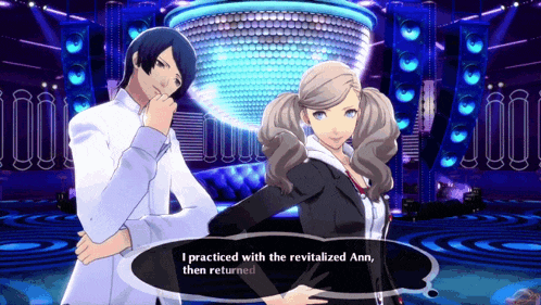 a man and a woman are standing in front of a stage and the woman says " i practiced with the revitalized ann "