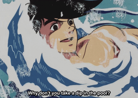 a cartoon of a man in the water with the words " why don 't you take a dip in the pool " below him