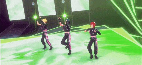 three anime characters are dancing on a stage in front of a green background .