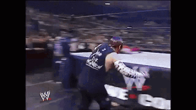 a wrestler is standing in a wrestling ring with a sign that says wwe on it .