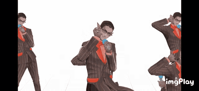 a man in a suit is dancing with a microphone and the word imgplay is on the bottom right